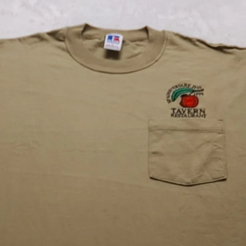 Vintage Russell Athletic High Cotton Pocket Men's T-shirt Tan Tavern Resto L